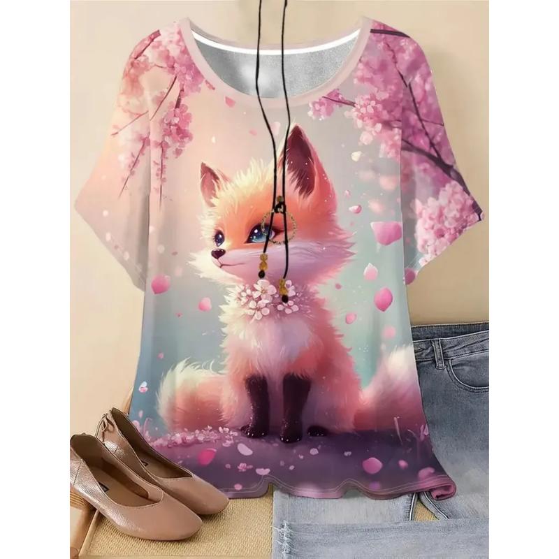 Fashion Women's Crew Neck Short Sleeve 3D Animal Color Printing Animal Short Sleeve Crew Neck T Sleeve