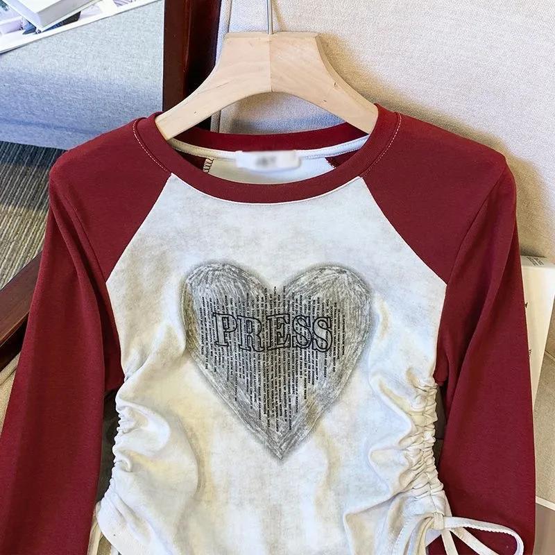 Girls' Spring and Autumn Long Sleeve Drawstring T-shirt Medium and Large Children's Color Blocked Slimming Bottom Top