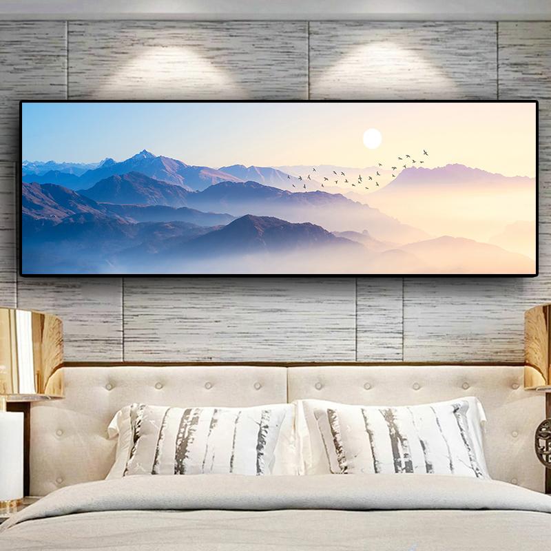 Sunsets Natural Mountain Brid Could Landscape Abstract Canvas Painting Posters and Prints Wall Art Picture for Living Room