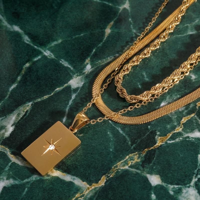 Stainless Steel Three Layer Pendant Necklace Square Star Minimalist Jewelry