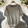 Summer Women Designer Print Knitted Sweater Trouser Two Piece Set Short Sleeve Pullover Tops and Wide Leg Pleated Pant Set