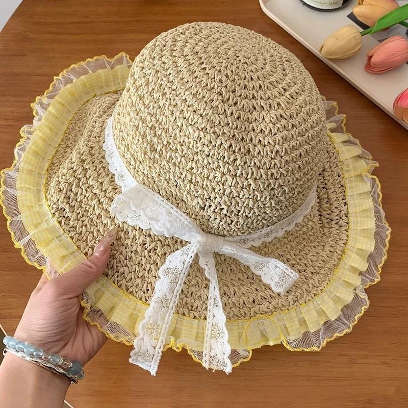 Hyunya Wind Colored Wood Beads Straw Hat Women's Summer Hollow Big Brim Sunshade Sunscreen Hat Foldable Fisherman Hat Tide