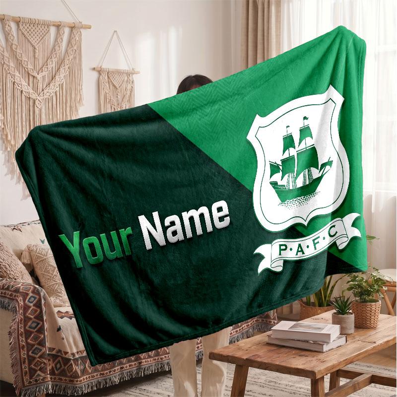 Plymouth Argyle FC Personalized Fleece Blanket With Football Logo, Custom Name Text Soft Warm Home Throw Blanket