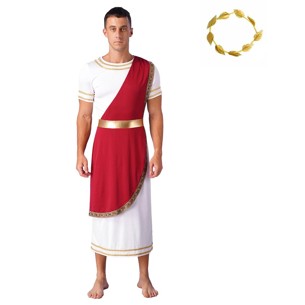 Mens Ancient Greek Toga Costume Short Sleeve Retro Gold Trim Roman Robe Headband Cosplay