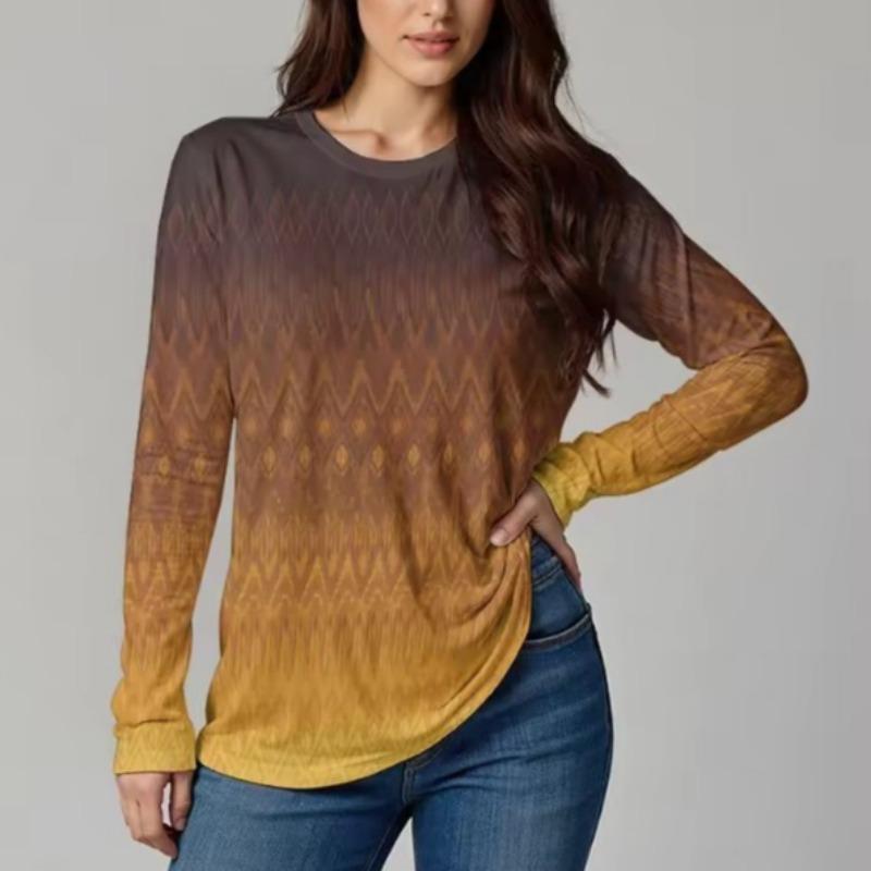 Autumn Women's T-Shirt Casual Long Sleeve Stripe Pattern Print Street O Neck Female Oversized Clothing Outdoor Vintage T Shirts