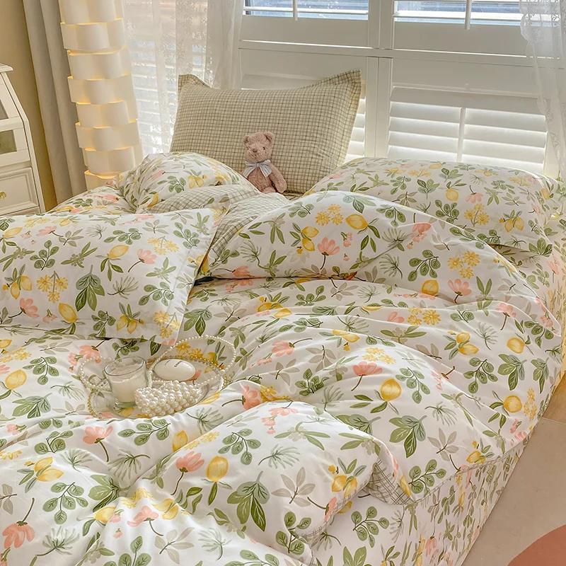 Conjunto de capa de edredom com estampa de folhas verdes-limão, 3 peças, conjunto de cama de algodão, macio, confortável, edredom e fronhas