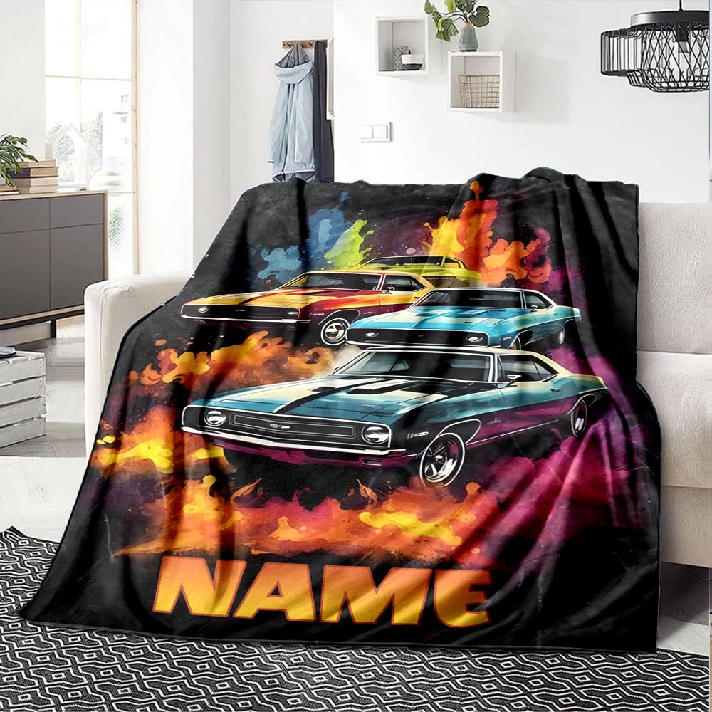 Classic Muscle Cars Vibrant Colors Dynamic Flames Multipurpose Personalized Blanket Personalized Text Soft Warm Cozy Suitable For Sofa Couch Office