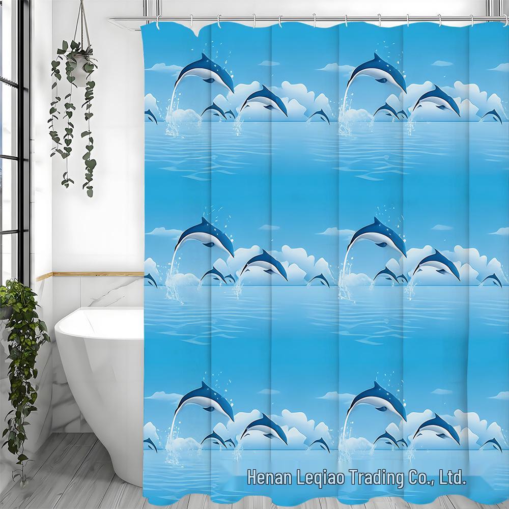 Blue Dolphin Pattern Waterproof Polyester Shower Curtain with 12 Hooks