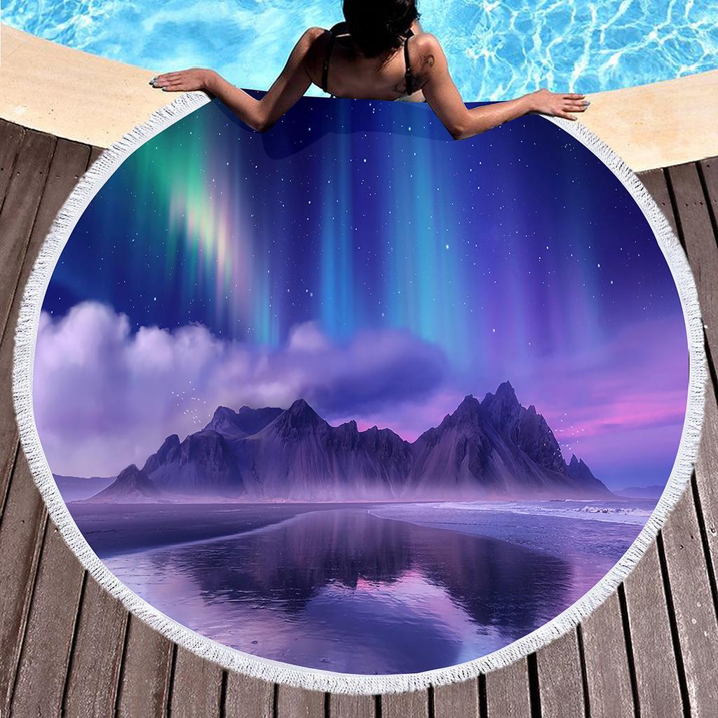 Beautiful Aurora Round Beach Towel with Tassels,Sand Free Quick Dry Circle Beach Blanket Roundie Yoga Meditation Mat Picnic Rug