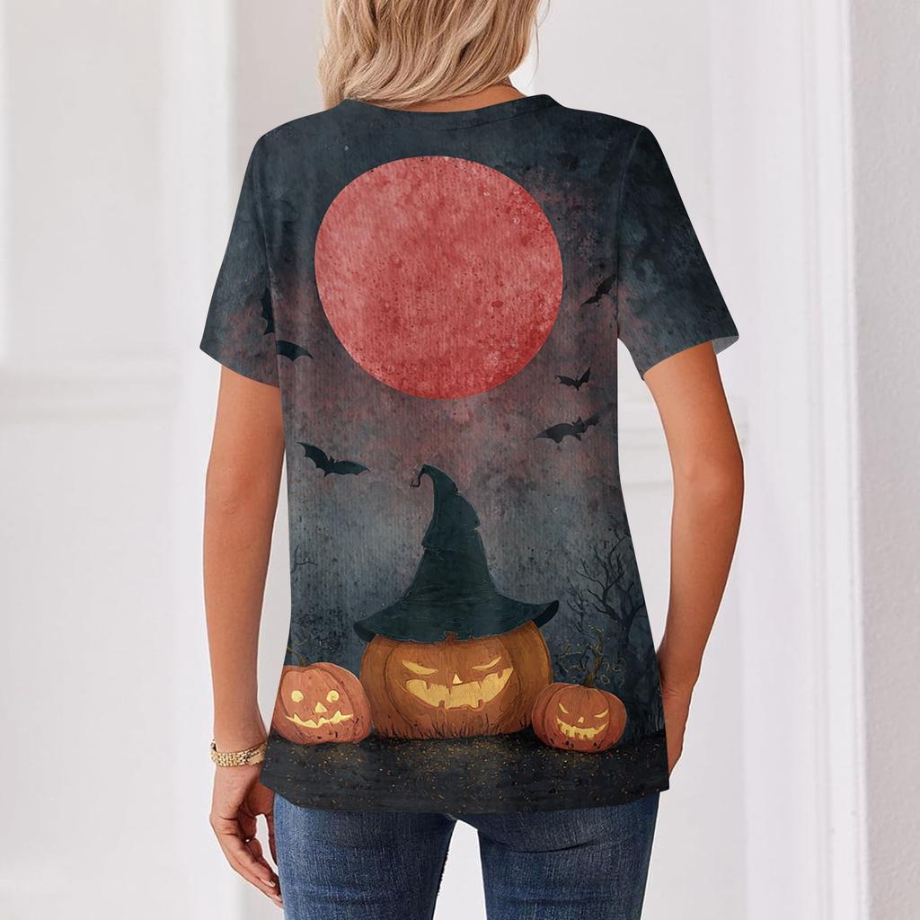 Womens Halloween Print V Neck Short Sleeve Button T Shirt Casual Loose Fit Top with Pumpkin and Bat Design Suitable for Daily Wear