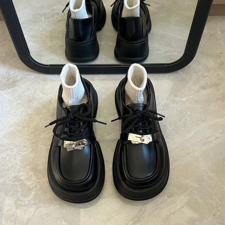 Black small leather shoes British style JK single shoes new spring and summer heightening shoes thick soles