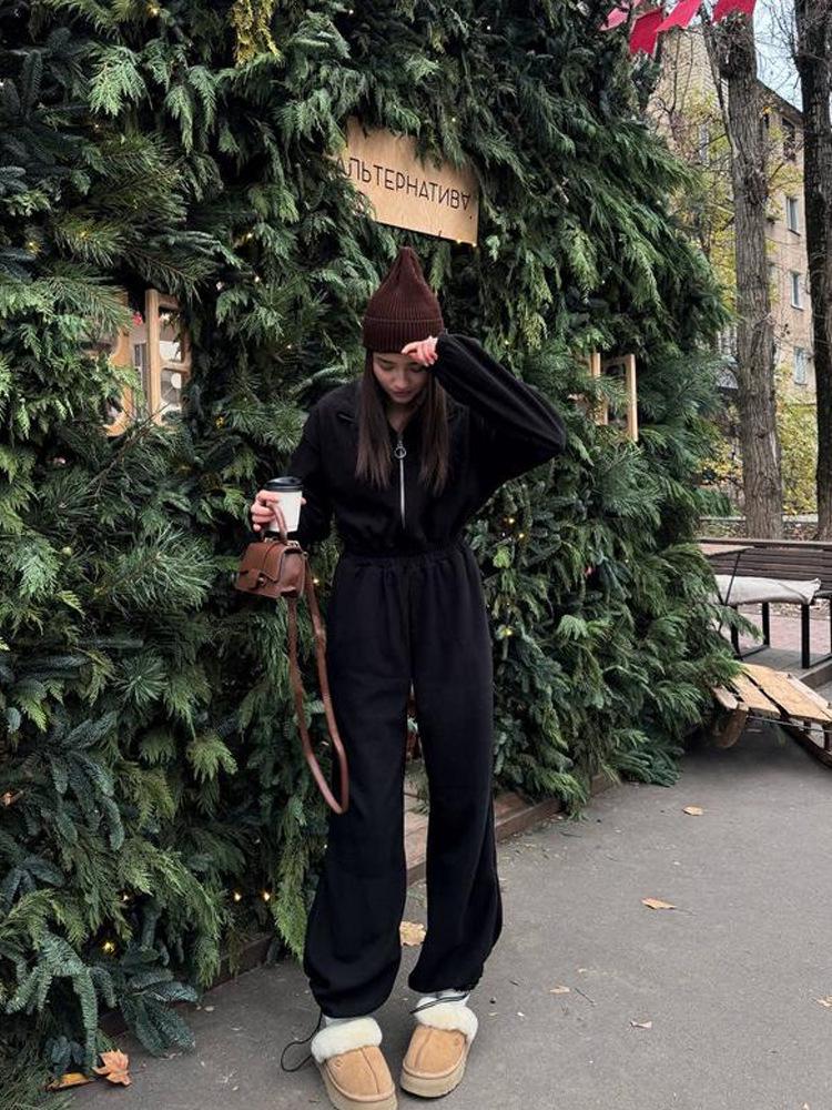 European & American Women's Spring/Autumn Long Sleeve Jumpsuit - Casual Half Open Neck, Elastic Waist Set