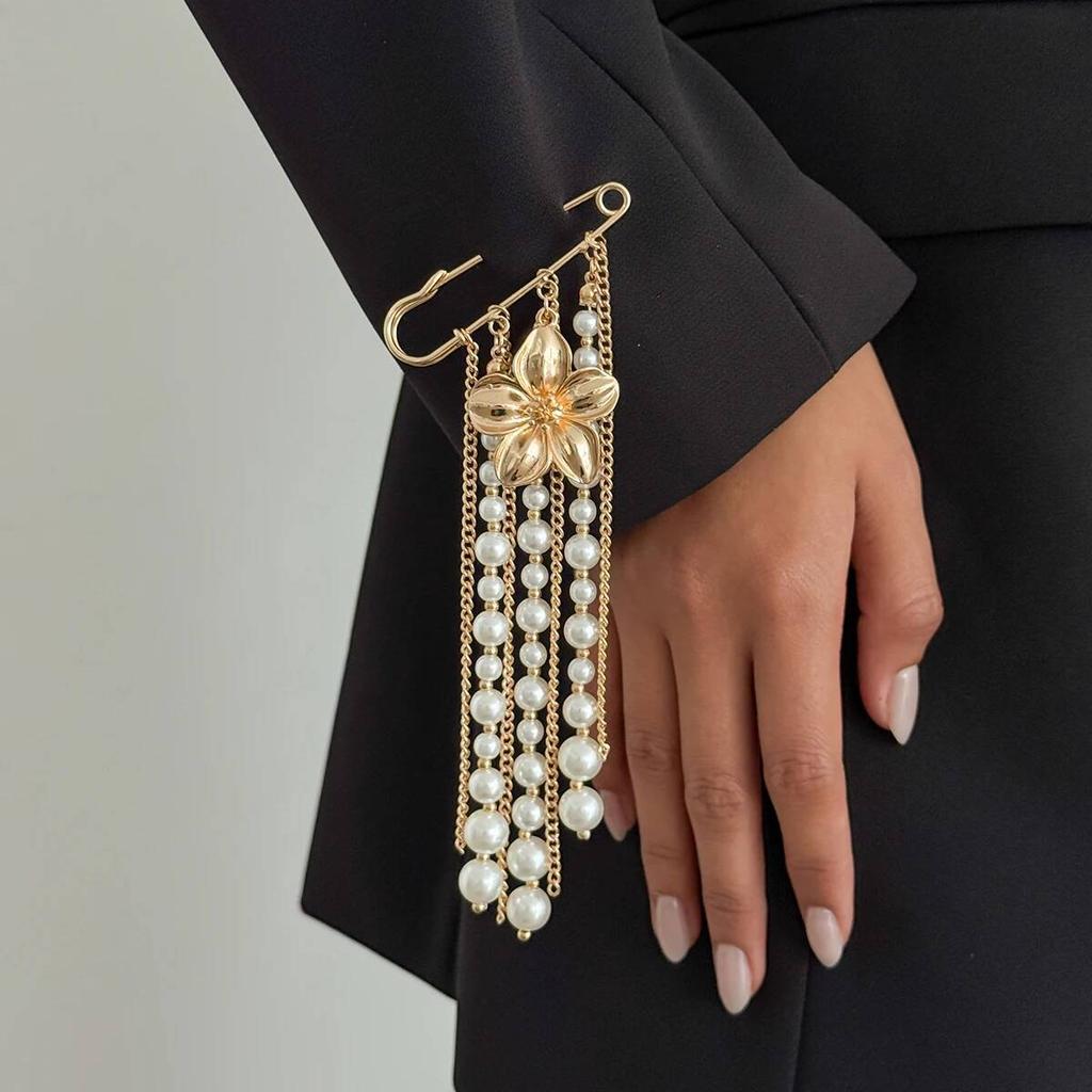 KunJoe Trendy Imitation Pearl Tassel Beaded Brooche Women New Exquisite Gold Color Flower Geometric Suit Pin Jewelry Accessories