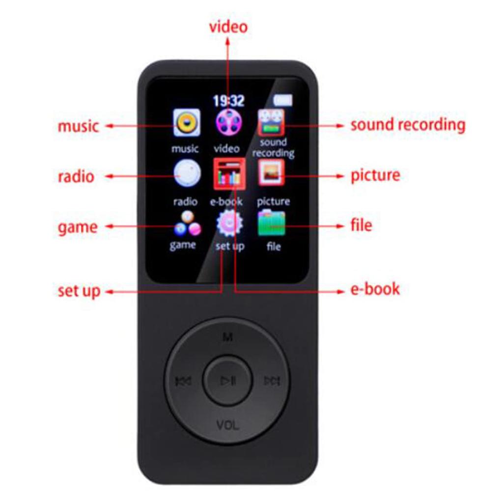 Acogedor Bluetooth 5.0 MP3 MP4 Player, 1.77-inch LCD Digital HiFi Lossless Music Player, Supports FM Radio, Recorder, E-book, HD Speaker, for Kids and