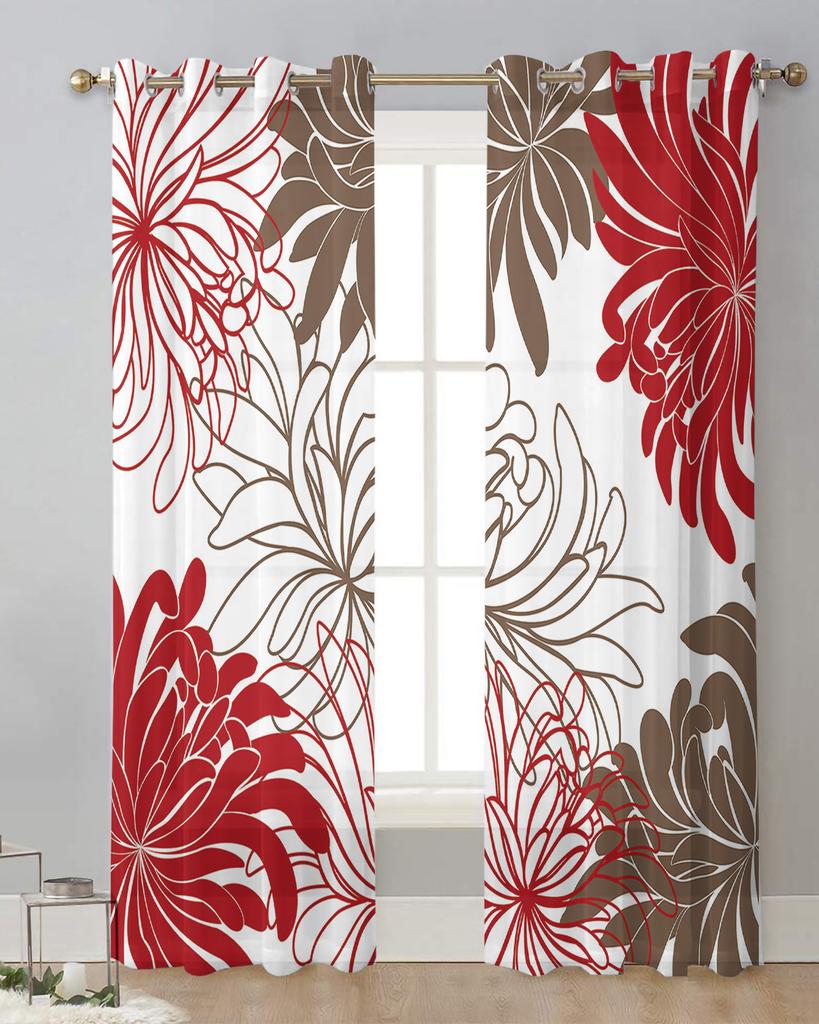 Floral Red Chrysanthemum Sheer Curtains for Living Room Decoration Window Curtains for Kitchen Tulle Voile Organza Curtains
