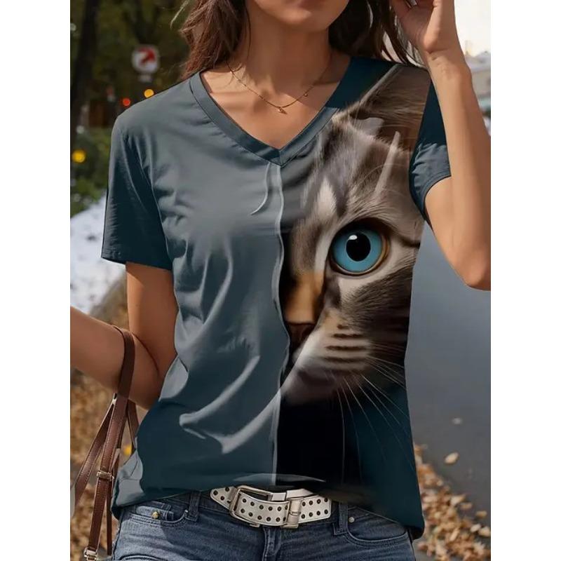 Summer Fashion Trend Casual Animal Cat Pattern Printed Short Sleeved V-neck Women's T-shirts
