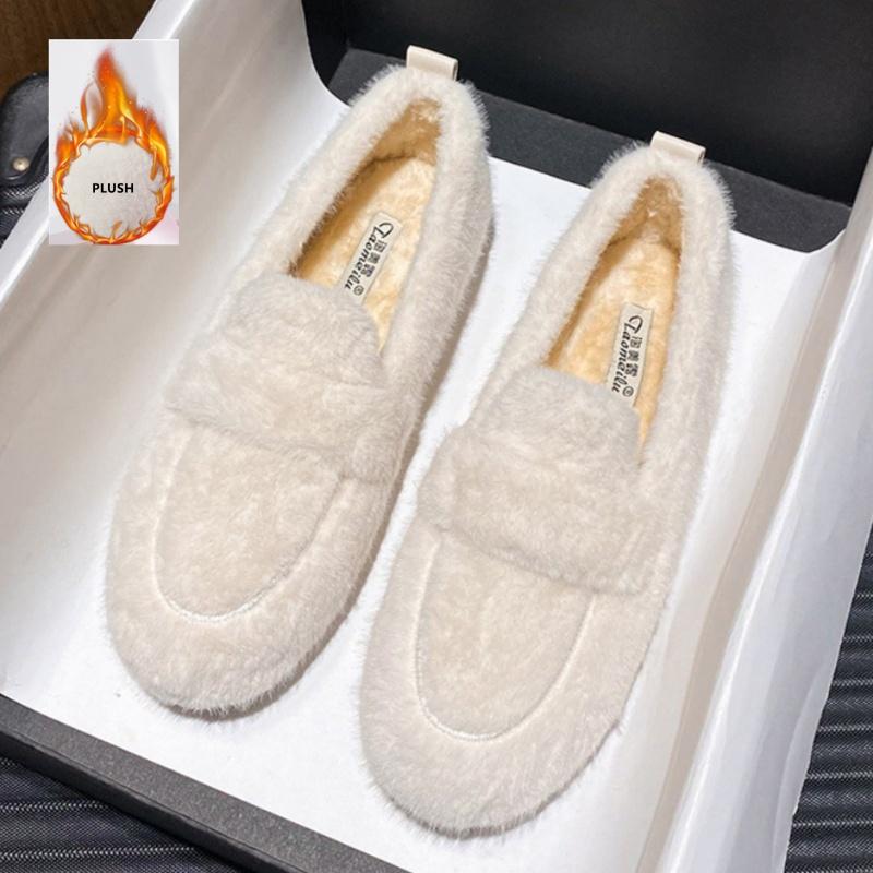 Fashion 2025 Winter New Lady Flat Outside Wearing Warm Cotton Shoes Comfy Velvet Lazy Loafers Thick Soled Big Size Shoes Mujer Zapatos