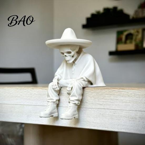 Spooky Aesthetic Office Ornaments 3D Printed Sitting Skeleton Shelf Sitter Figurine, Gothic Hat Desktop Unique Room Accessories Ornament, Trendy Home