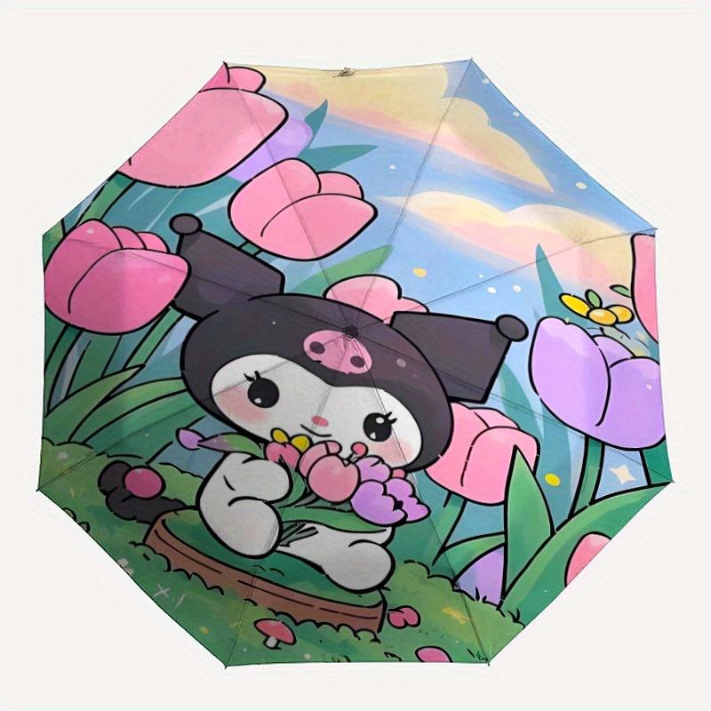 Flowers Kuromi Cartoon Umbrella, Portable 3-Fold Compact Umbrella, Suitable for Camping, Hiking and Travel, Ideal Easter Birthday Gift for Family and