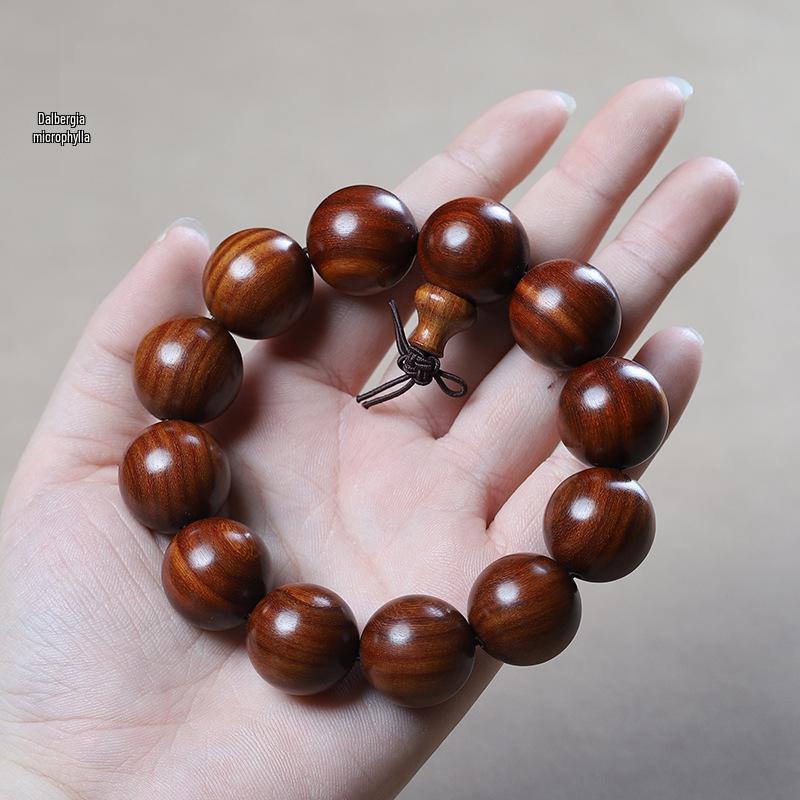 Men's Small-Leaf Red Sandalwood & Green Sandalwood Bracelet with Yellow Rosewood and Ebony Buddhist Beads 2.0".