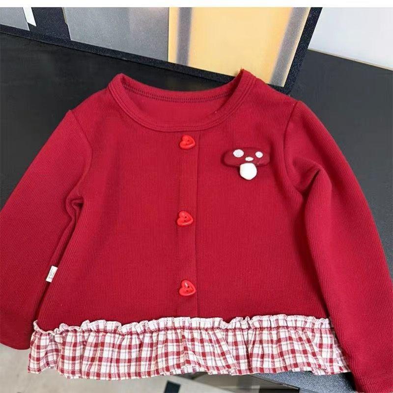 Girls Long Sleeve T-Shirt Winter Warm Cotton Blend Top With Lace Trim 3D Letter Print Red Base Layer