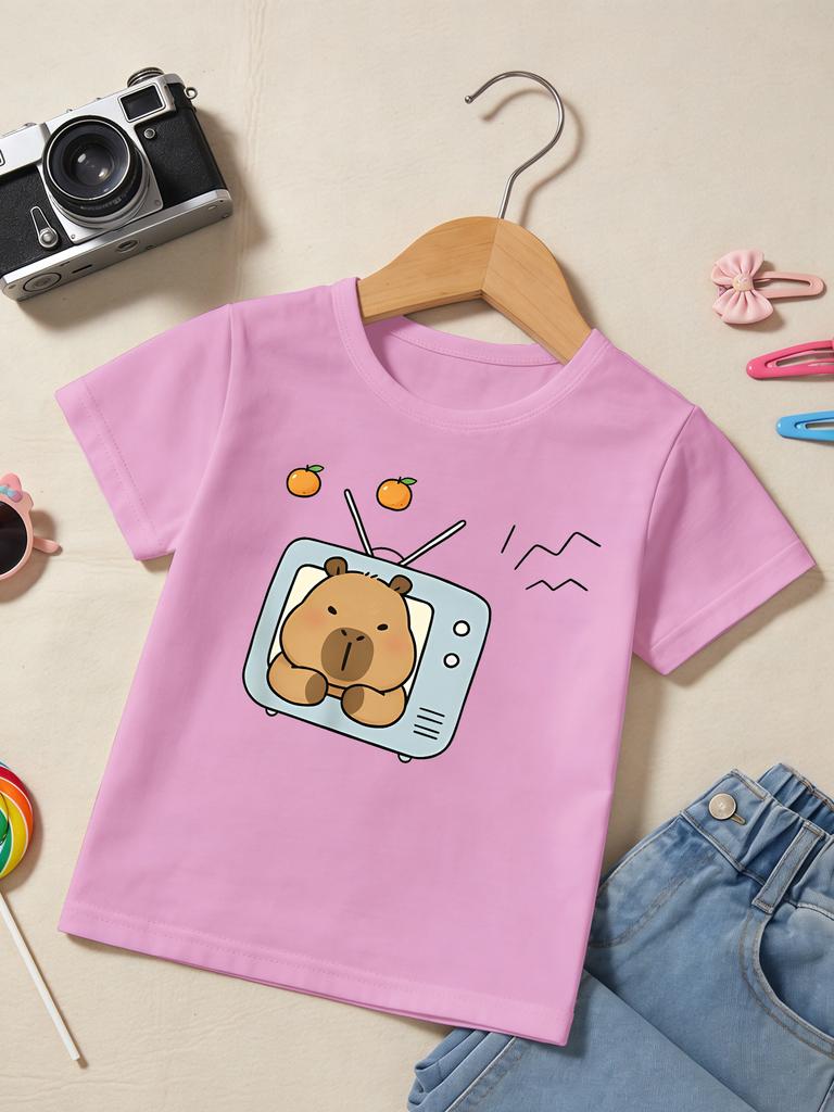 Capybara Inside Retro TV With Oranges Cartoon Print T Shirt Boys Girls Cute Short Sleeve Tee Family Matching Kids Cotton Tops