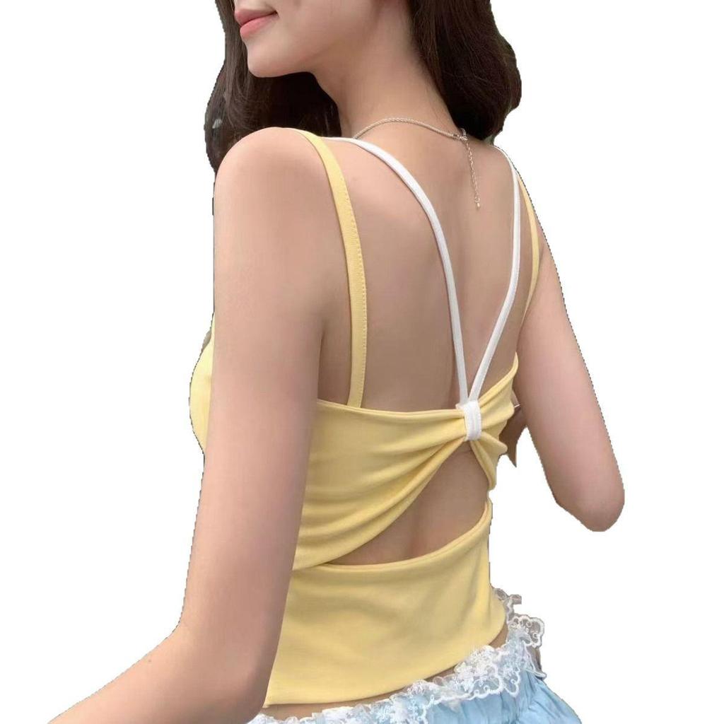 Women's Lace Strap Backless Bow Top with Built-in Bra