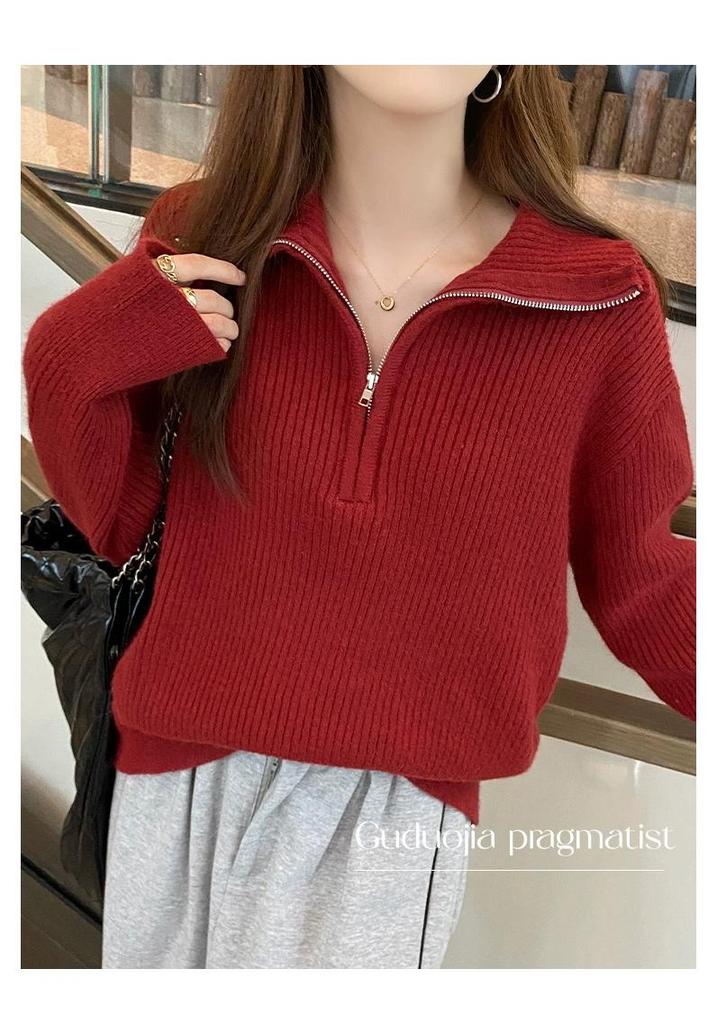 Women's Half-Zip Sweater, Loose Knitwear with Lapel Design, for Spring and Autumn 2026.