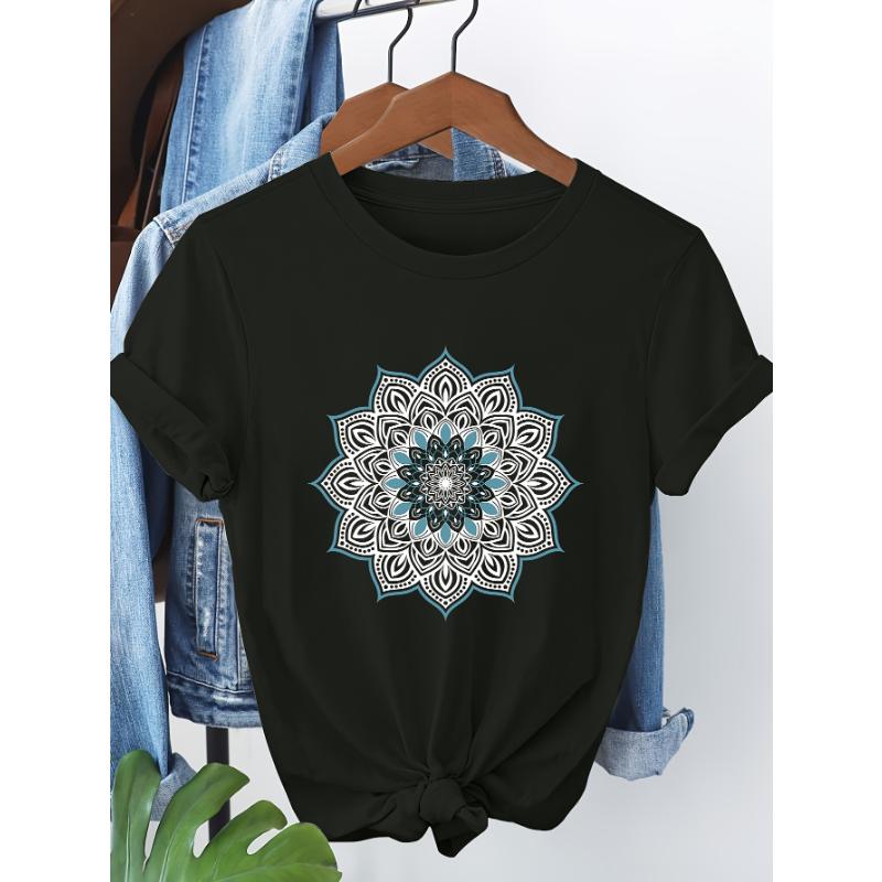 AWomen's Floral Mandala Print Short Sleeve T-Shirt Casual Round Neck Top with Teal Black Artwork Urban Style Printed T-Shirt