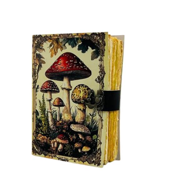 Diario in Pelle di Fungo Fatto a Mano – Quaderno Vintage 5x7" | 200 Pagine a Bordo Seghettato | Diario con Disegni Botanici e Chiusura a Cinturino