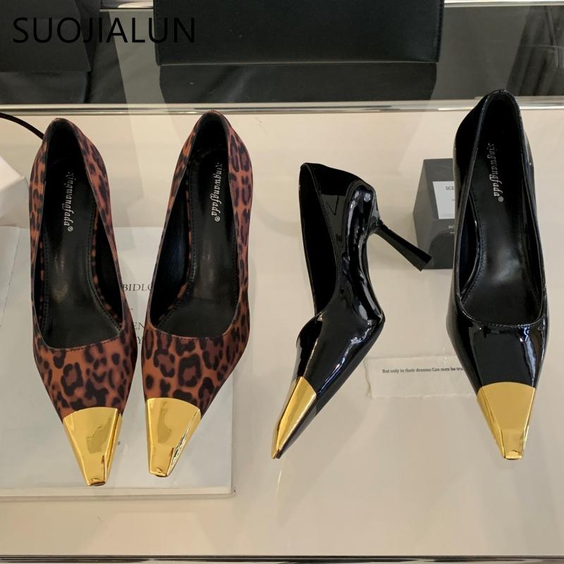 Fashion SUOJIALUN Spring New Brand Women Pumps Shoes Fashion Metal Pointed Toe Slip On Ladies Elegant Single Shoes Thin High Heel Pumps