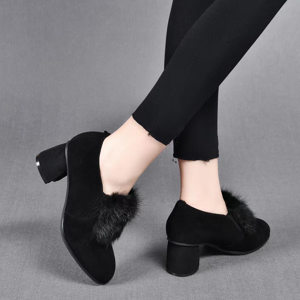 Round head deep mouth single shoes fluffy shoes women's new sheepskin thick heel ankle shoes one pedal women's shoes high heels