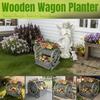 NestNature Wooden Wagon Planter Box Raised Garden Bed Antique Gray Decorative Garden Planters with Wheels for Indoor Outdoor De