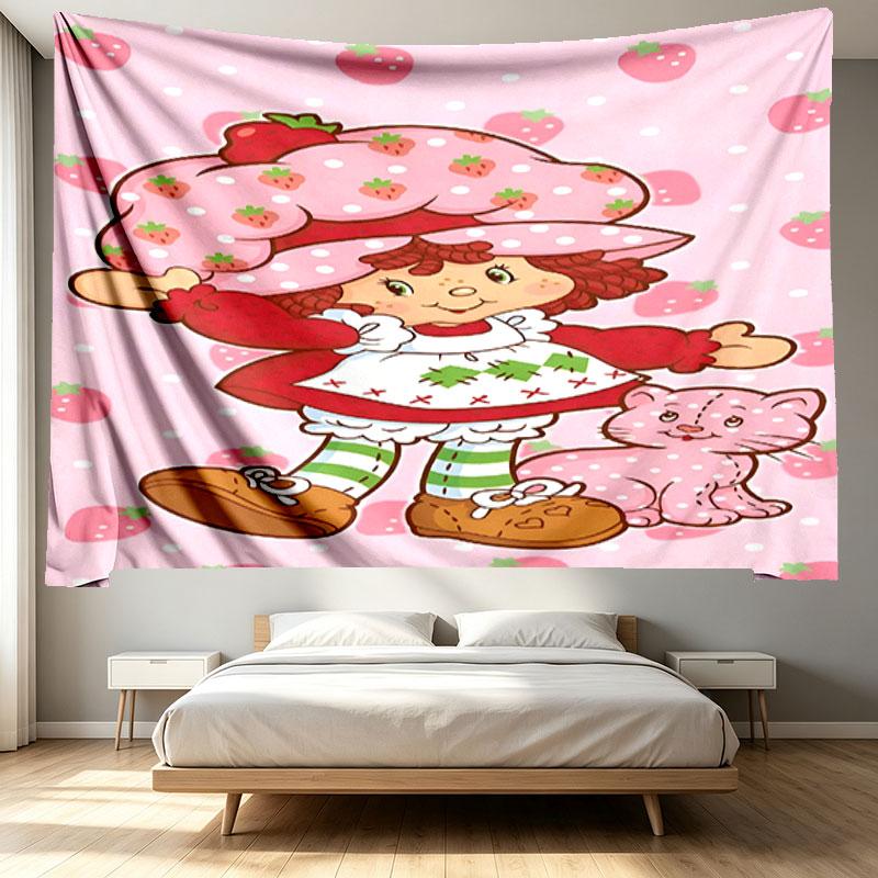 Strawberry Shortcake Print Tapestry - Portable Wall Decor Cloth, for Home, Dorm, Travel, Bedroom, Living Room - Ideal Birthday Housewarming Gift
