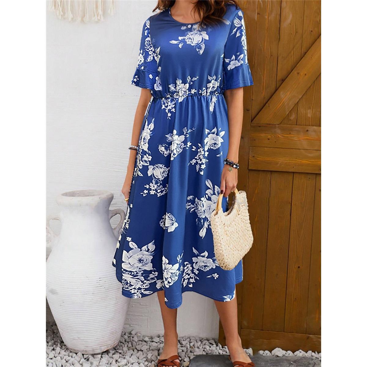 

Women s Elegant Dress with Short Sleeves Round Neck Waist-hugging Mid-length Printed Dress S синий