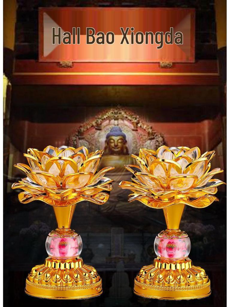 Seven-Color LED Rechargeable Buddha Offering Lamp - Lotus Design for Home and Guanyin Devotion.