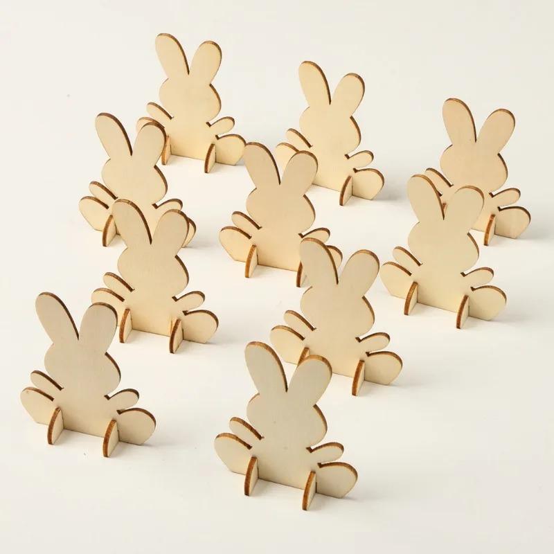 10pcs Unfinished Wooden Easter Bunny 3D Rabbit Wooden Stand Ornament Cutouts Craft for DIY Painting Table Decoration Easter