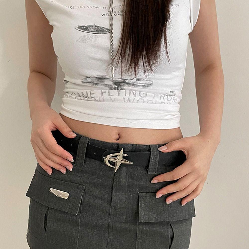 PU Leather Leather Belt Zinc Zinc Alloy Waistband Fashion Cross Star Buckle Belts  Women