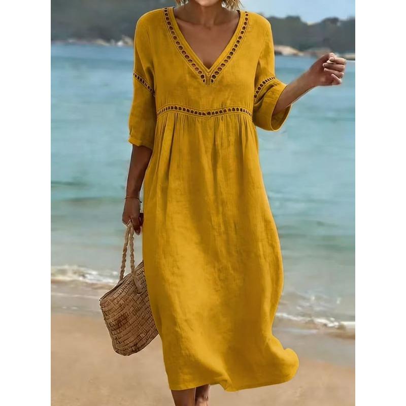 IHUASU Fashion Summer Spring Solid Color Print V-Neck 1/2 Sleeves Casual Dresses