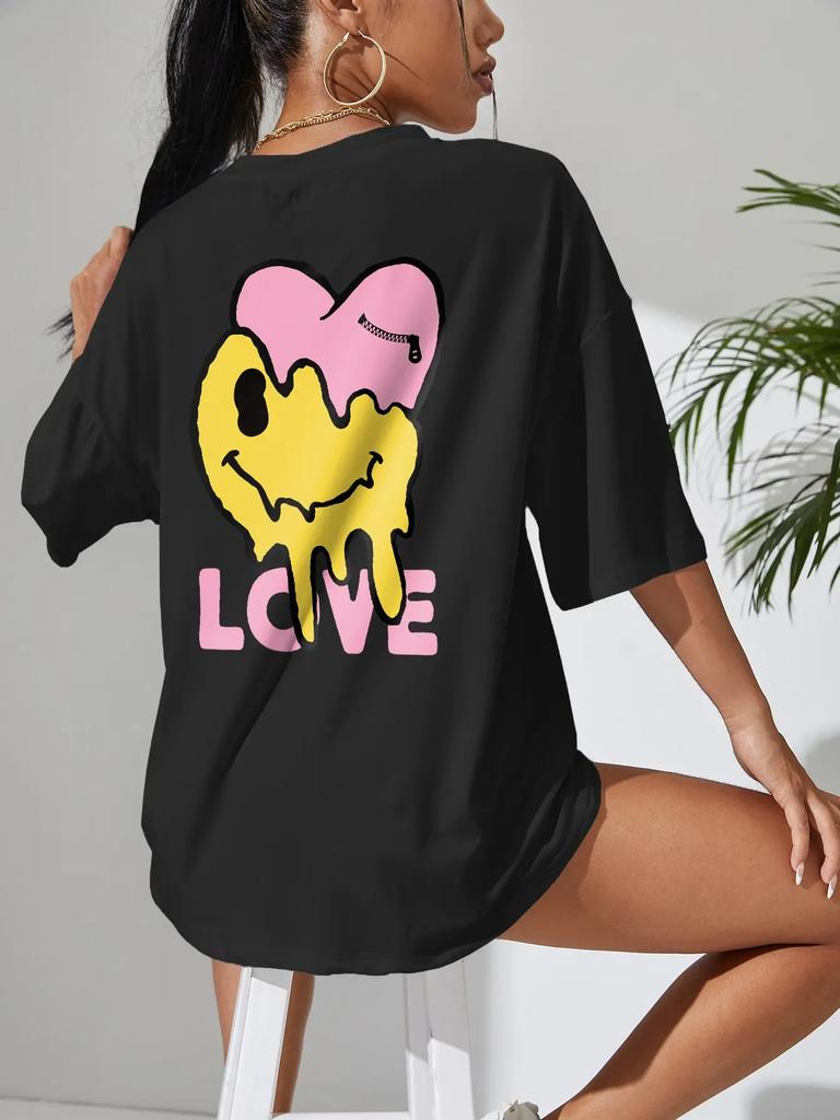 Funny Love Smiling Face T Shirt Women O-Neck Basic Street Fashion Short Sleeved Casual Loose Sport Clothes Soft Cotton Tshirt