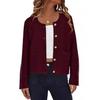 Women's Fashion French Elegant Short Knitted Coat with Pockets Round Neck Long Sleeve Buttoned Solid Soft Comfortable