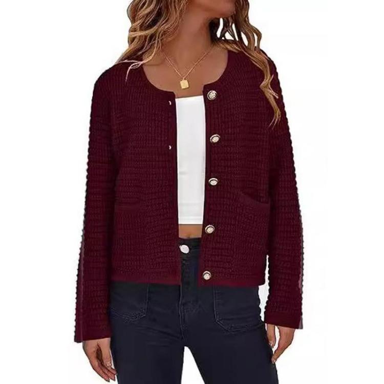 Women's Fashion French Elegant Short Knitted Coat with Pockets Round Neck Long Sleeve Buttoned Solid Soft Comfortable