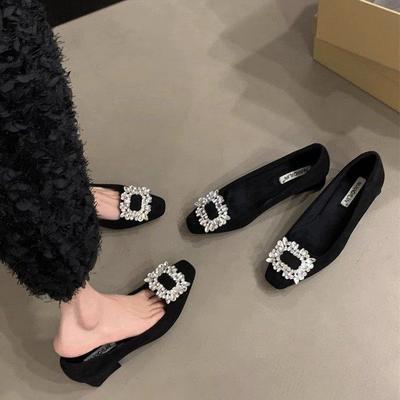 Zapatos de tacón bajo para mujer primavera 2024 nuevo estilo Xiaoxiangfeng punta cuadrada ante pedrería hebilla cuadrada boca ligera tacón grueso tacón bajo zapatos de mujer