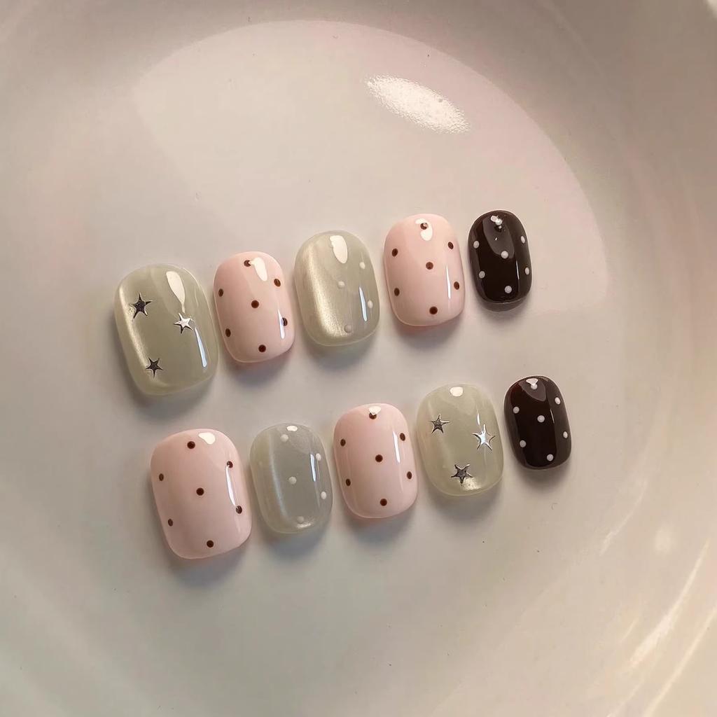 10pcs Ballet Short Nail Tips Set-Glossy Finish Polka Dot & Solid Color Designs with 3D Bow Accents Nail Art for Women and Girls