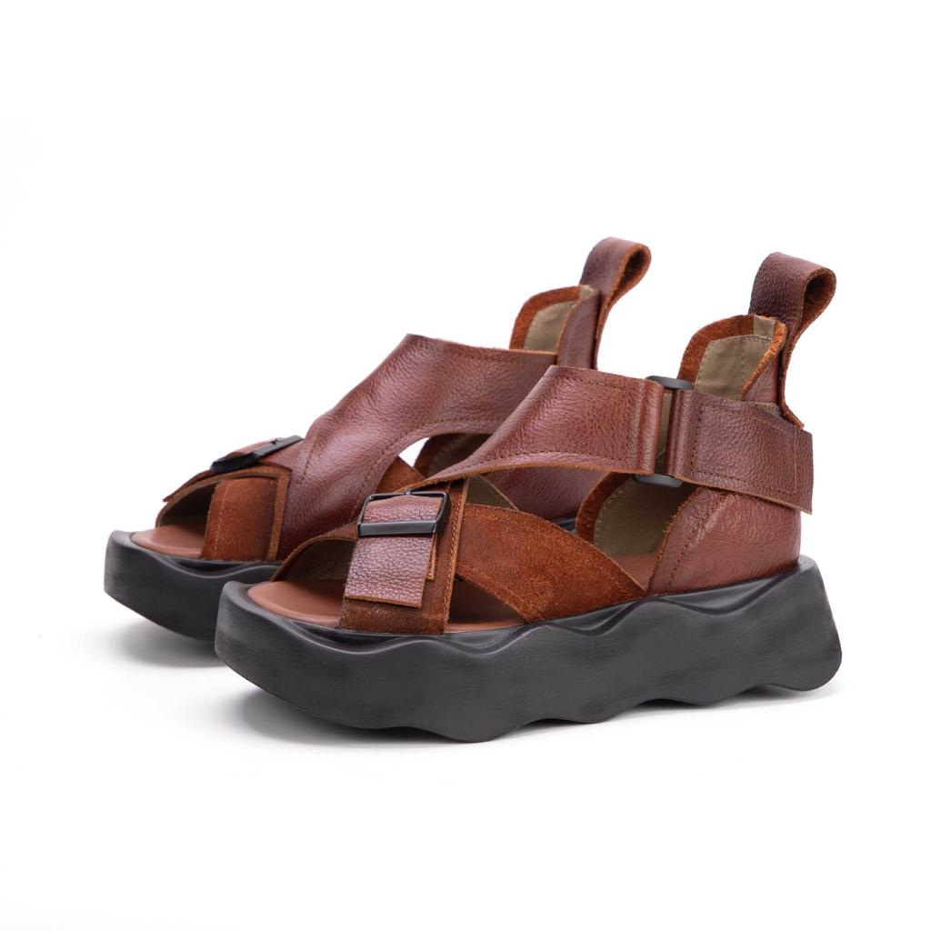 Johnature Genuine Leather Flat Platform Sandals Vintage Peep Toe Thick Soled Women's Shoes