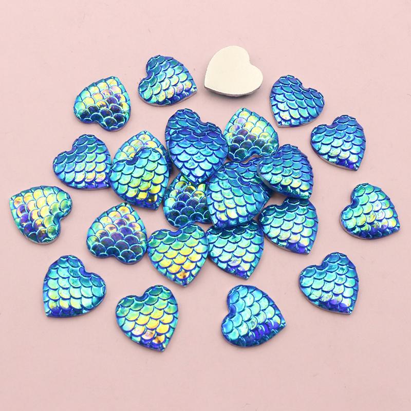 40pcs 12mm Heart Shape Mermaid Fish Scale Resin Cabochons Dome Flat Back DIY Jewelry Making Accessories for Earrings Bracelets