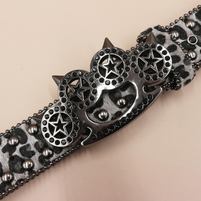 Women's Men's Oversized Belt Leopard Print Rhinestones Embellished Rivets Accent Western Girdle for Hip Hop Event