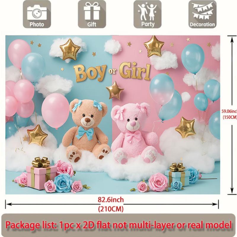 2D flat banner 1 piece per pack featuring a boy/girl baby gender reveal theme with bears balloons and clouds