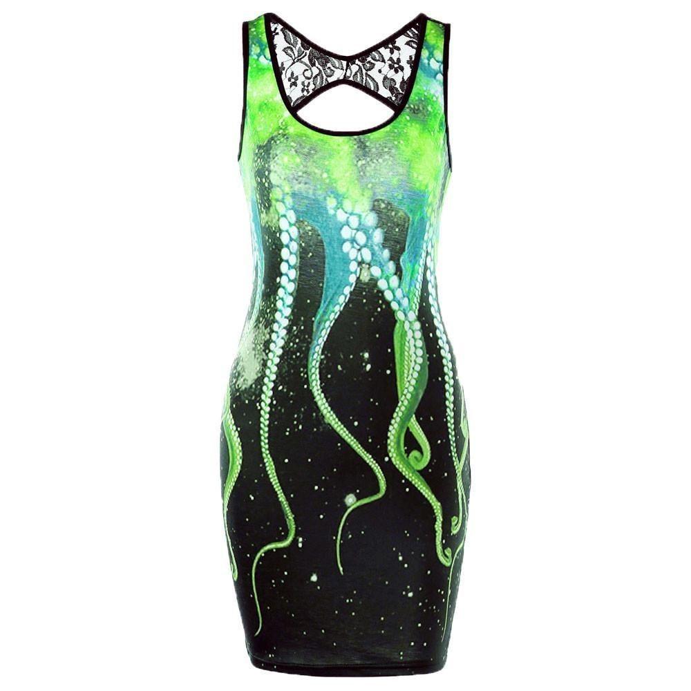 Women Summer Delicate Sleeveless Cut Out Octopus Print Mini Dress With Lace Stitching