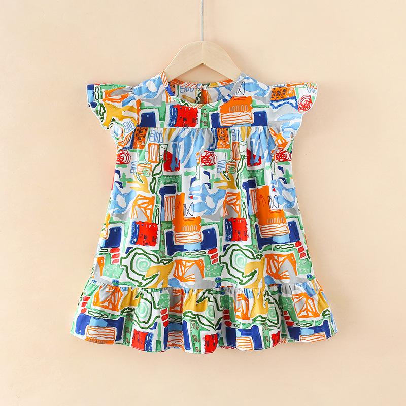 Oujitu Girls' Lace Sleeve Cotton A-line Skirt Dress with Cartoon Print - Spring Children's Clothing
